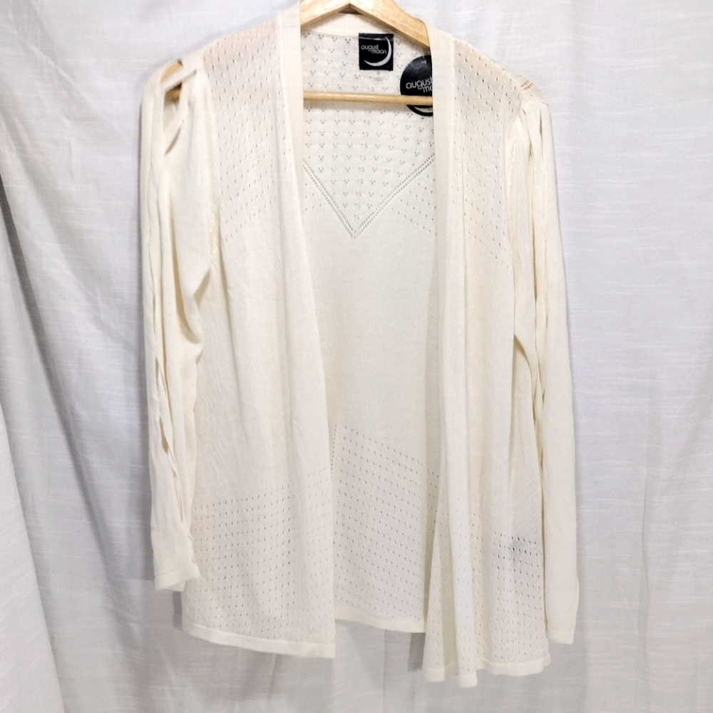 August Moon Cream Rayon Thin Knit Eyelet Criss Cross Cut-Out Sleeve Cardigan